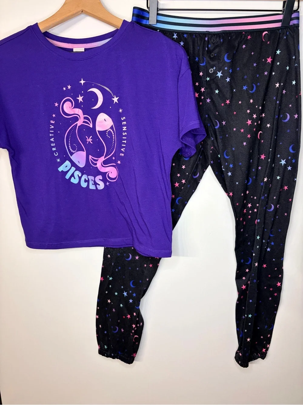 Sugar & Jade Tween Girls Pisces Zodiac Sleep Tee and Pants, Size Large (12/14)